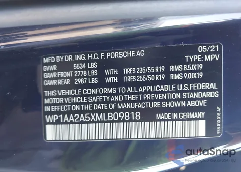 2021 Porsche Macan из США, поврежденный, VIN WP1AA2A5XMLB09818